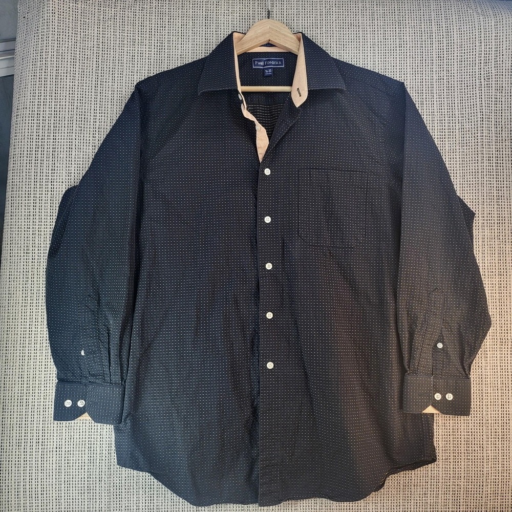 Paul Fredrick Shirt Mens 16-33 Black Pin‎ Dot Dress Long Sleeve Button Front